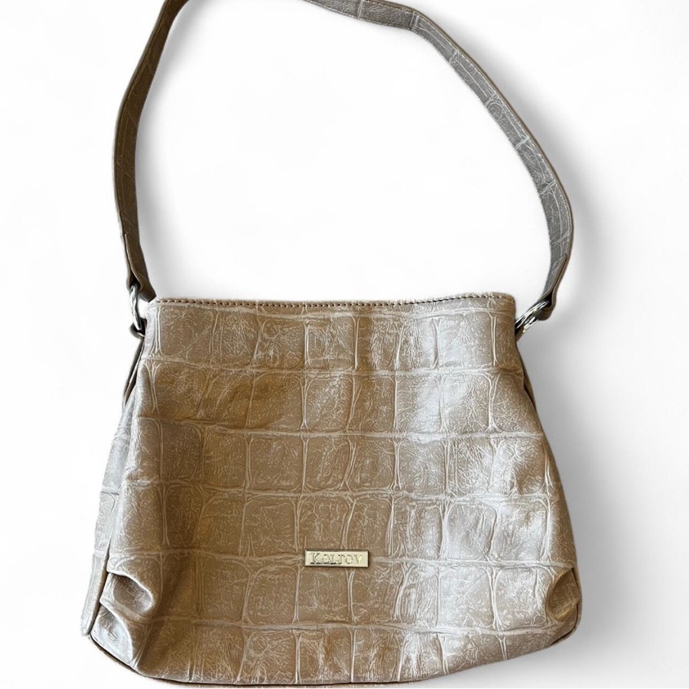 Tan Crocodile-Embossed Shoulder Bag